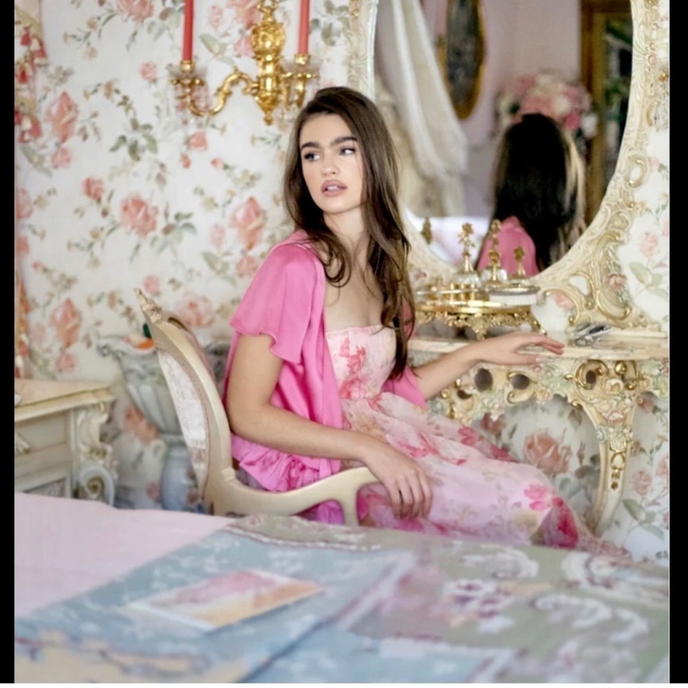 Maison Amory Whipped Cream Baby Pink Garden Sleeveless Dress S EUC READ